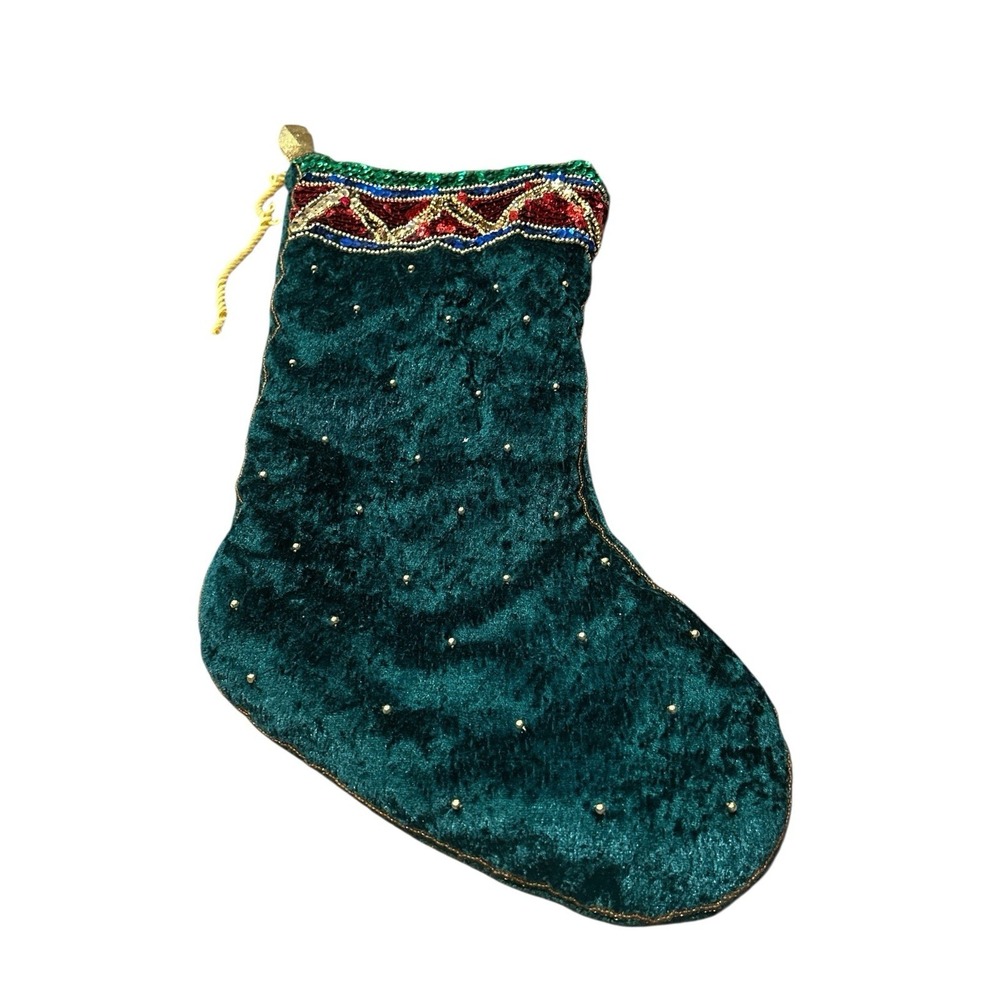Vintage Sequined Teal Christmas Stocking Velvet And‎ Satin